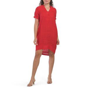 BONITO Deep Red Made In Italy Linen Dolman Sleeve Midi Dress With Pockets